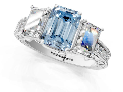 White gold Three-Stone Fancy Blue Emerald Cut Cut Milgrain Pavé Engagement Ring_13