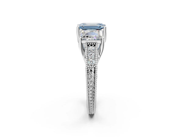 Platinum Three-Stone Fancy Blue Emerald Cut Cut Milgrain Pavé Engagement Ring
