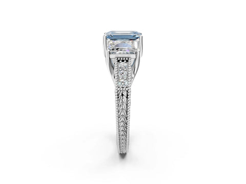 White gold Three-Stone Fancy Blue Emerald Cut Cut Milgrain Pavé Engagement Ring_14
