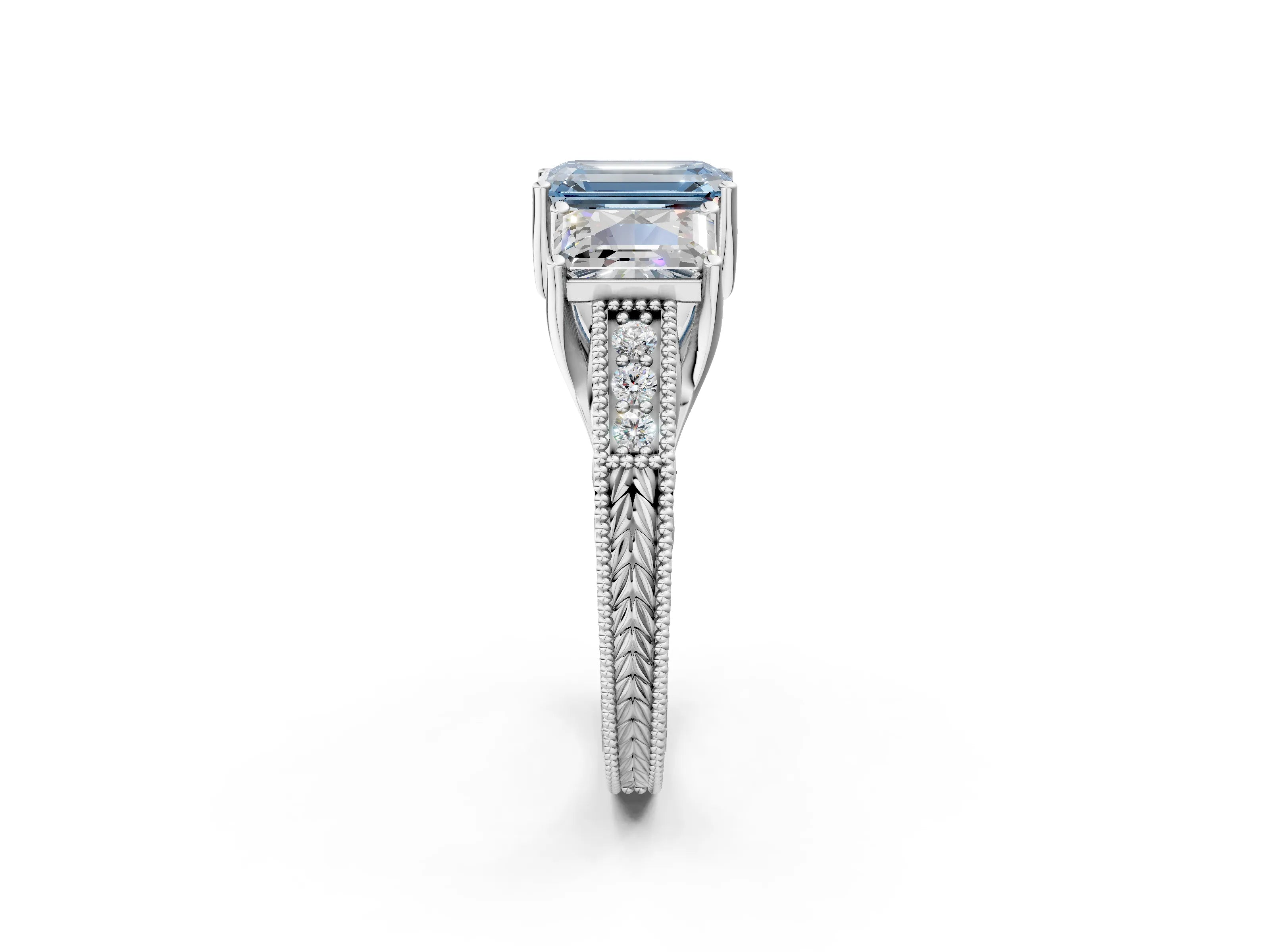 White gold Three-Stone Fancy Blue Emerald Cut Cut Milgrain Pavé Engagement Ring_14