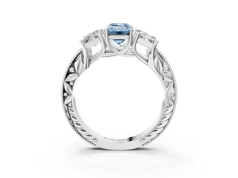 White gold Three-Stone Fancy Blue Emerald Cut Cut Milgrain Pavé Engagement Ring_15
