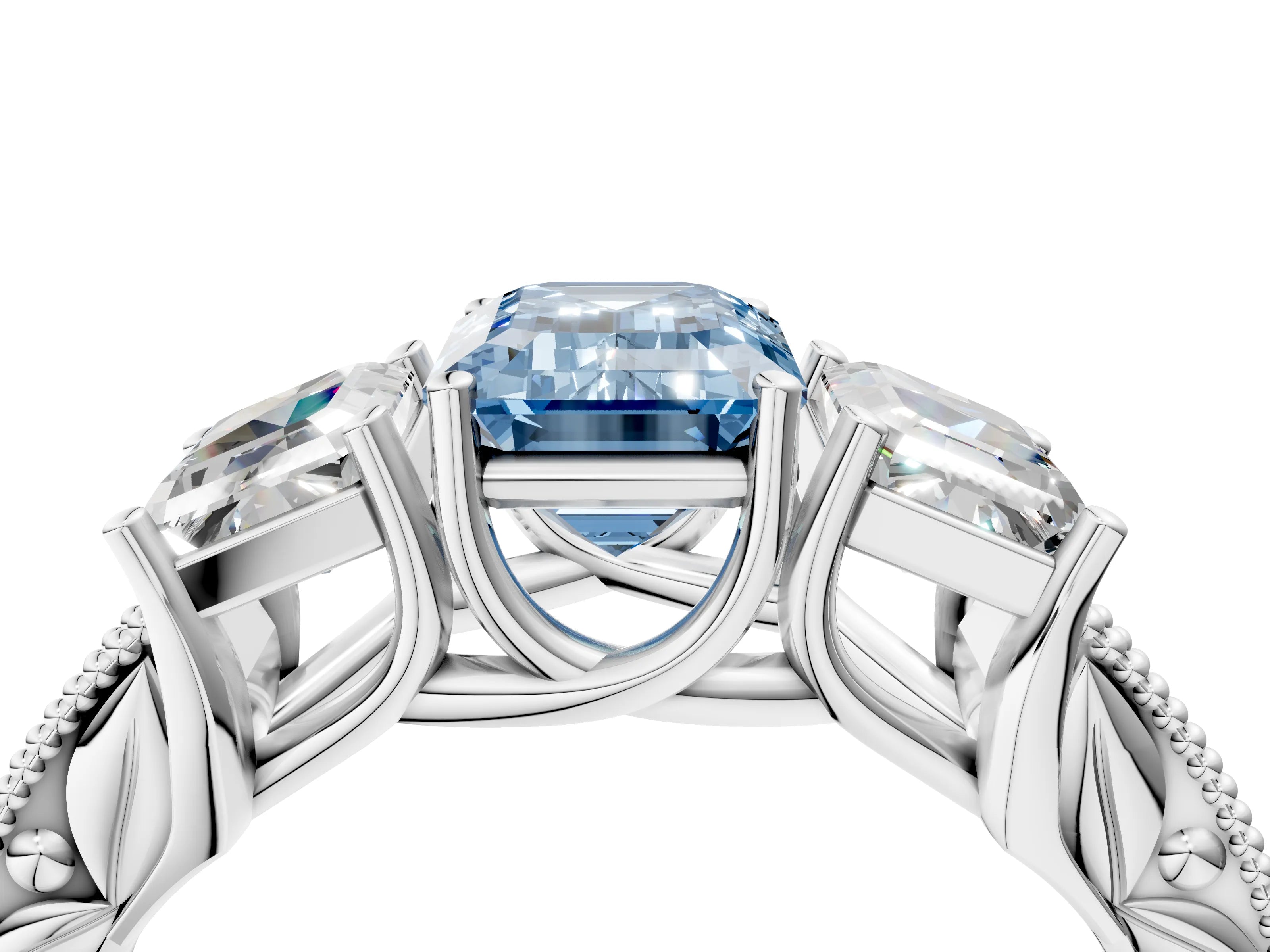 White gold Three-Stone Fancy Blue Emerald Cut Cut Milgrain Pavé Engagement Ring_16