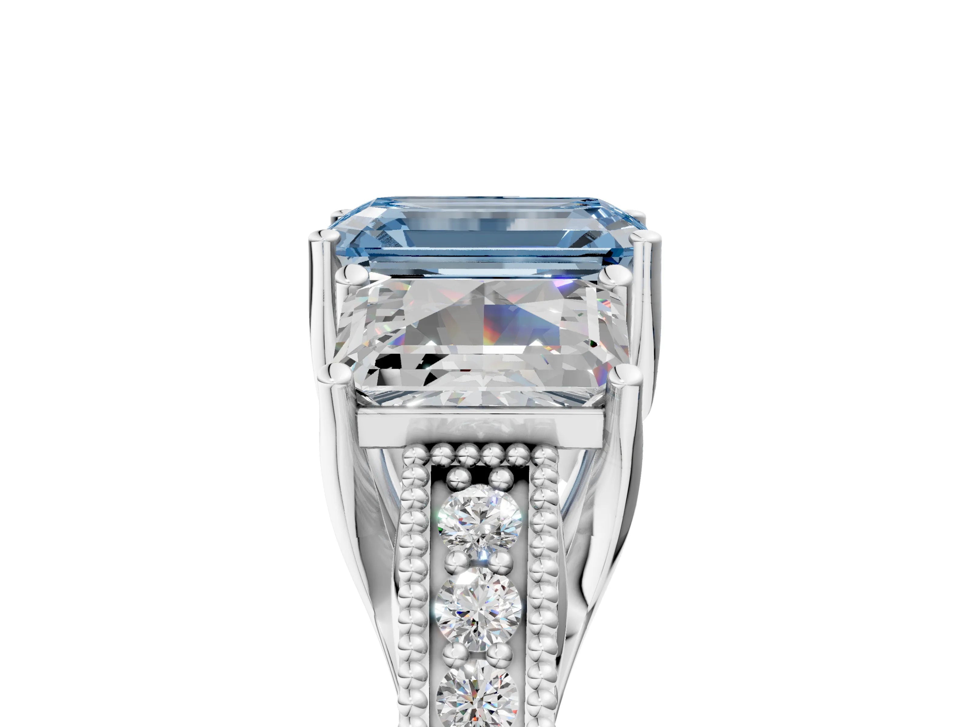 White gold Three-Stone Fancy Blue Emerald Cut Cut Milgrain Pavé Engagement Ring_17