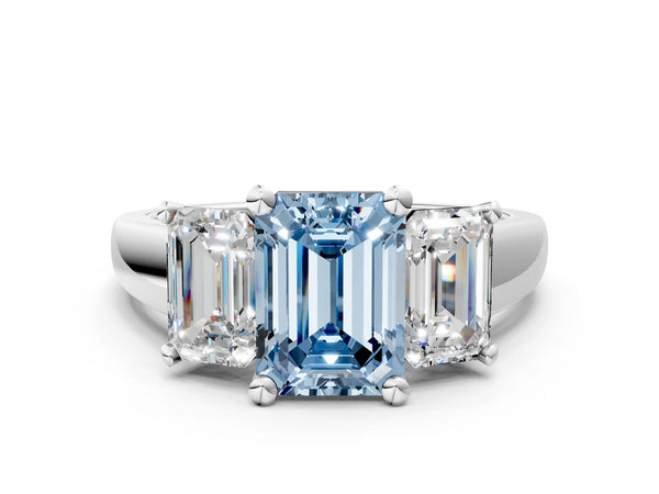 White gold Three-Stone Fancy Blue Emerald Cut Cut Solitaire Ring with Classic Prong Setting