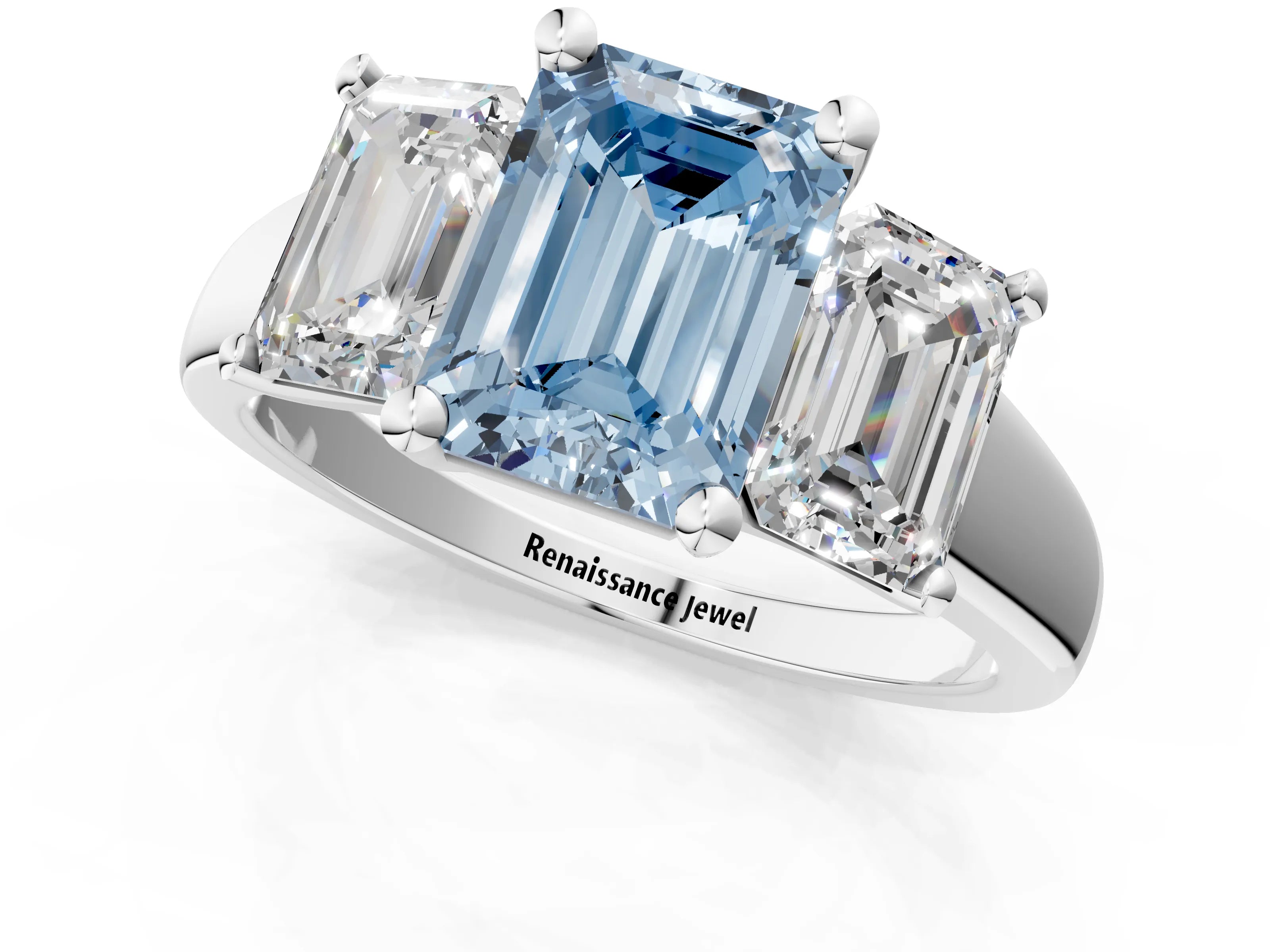 White gold Three-Stone Fancy Blue Emerald Cut Cut Solitaire Ring with Classic Prong Setting_13