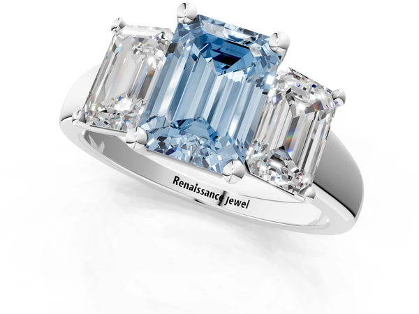 White gold Three-Stone Fancy Blue Emerald Cut Cut Solitaire Ring with Classic Prong Setting