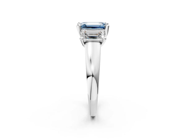 White gold Three-Stone Fancy Blue Emerald Cut Cut Solitaire Ring with Classic Prong Setting