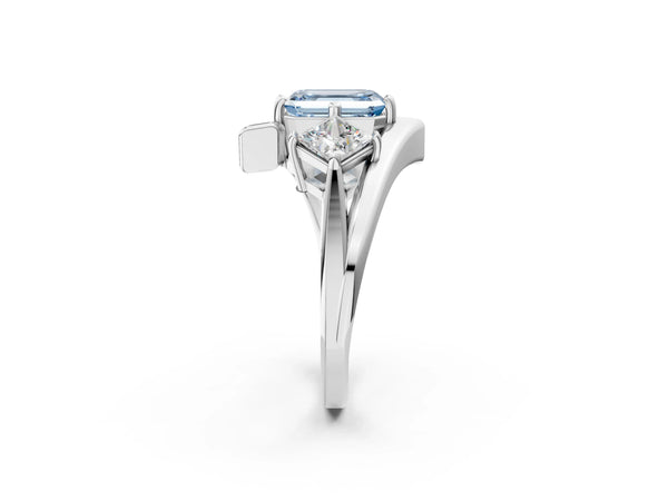 White gold Three-Stone Fancy Blue Emerald Cut Cut Tension Band Ring with Four-Prong Setting