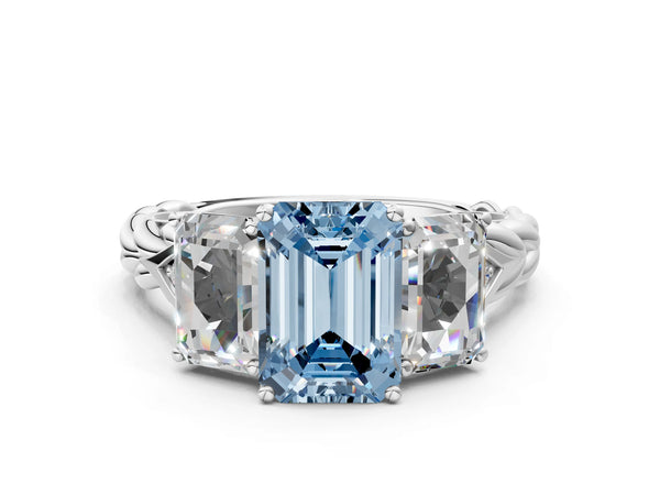 White gold Three-Stone Fancy Blue Emerald Cut Diamond Braided Band Ring with Four-Prong Setting
