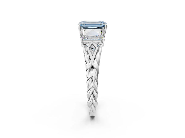 White gold Three-Stone Fancy Blue Emerald Cut Diamond Braided Band Ring with Four-Prong Setting