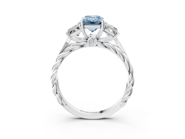 White gold Three-Stone Fancy Blue Emerald Cut Diamond Braided Band Ring with Four-Prong Setting