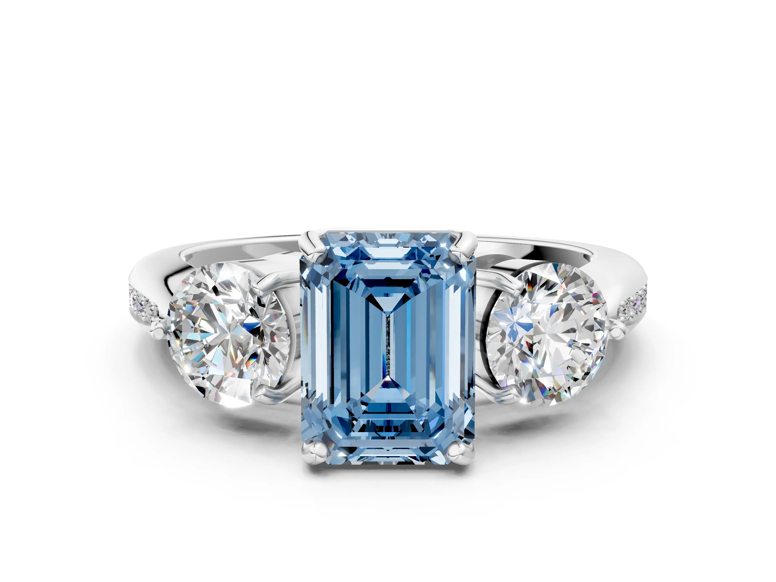 White gold Three-Stone Fancy Blue Emerald Cut Diamond Channel Set Engagement Ring with Prong Setting_12