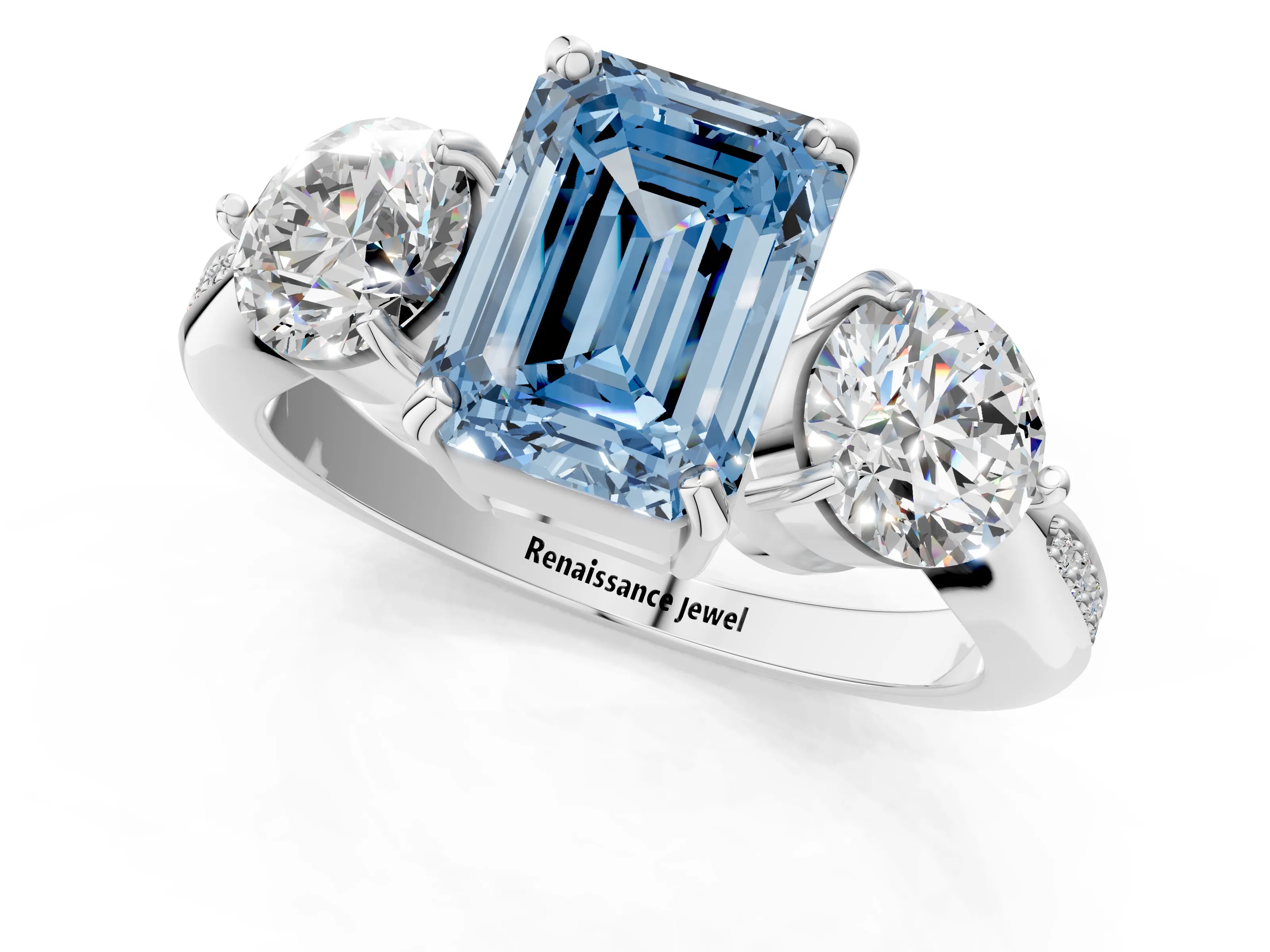 White gold Three-Stone Fancy Blue Emerald Cut Diamond Channel Set Engagement Ring with Prong Setting_13