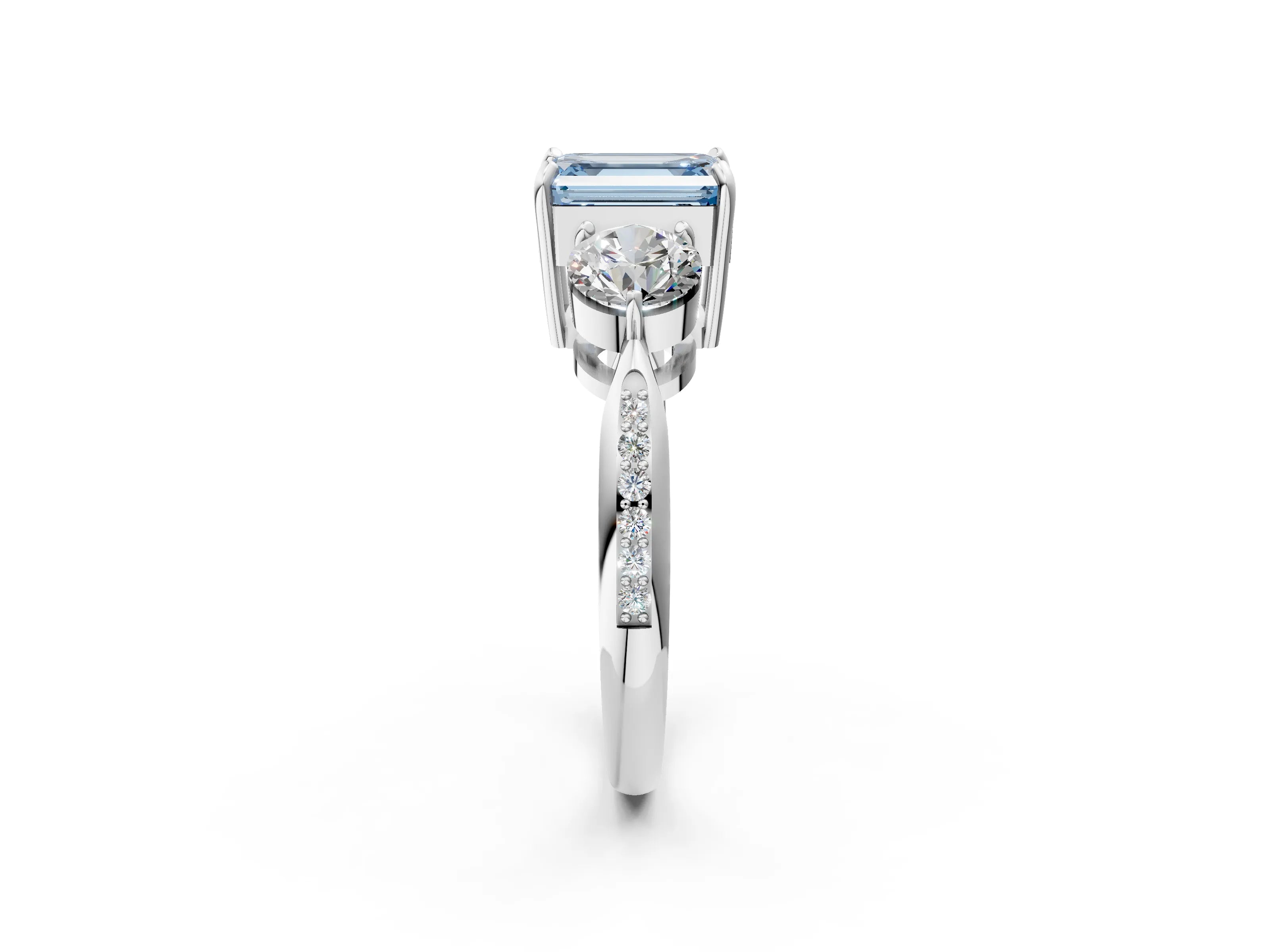 White gold Three-Stone Fancy Blue Emerald Cut Diamond Channel Set Engagement Ring with Prong Setting_14