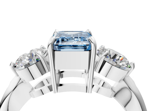 White gold Three-Stone Fancy Blue Emerald Cut Diamond Channel Set Engagement Ring with Prong Setting_16