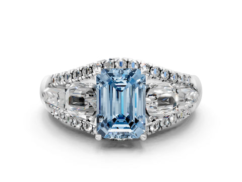 White gold Three-Stone Fancy Blue Emerald Cut Diamond Engagement Ring with Pave Band and Prong Setting_12