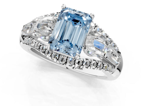 White gold Three-Stone Fancy Blue Emerald Cut Diamond Engagement Ring with Pave Band and Prong Setting_13
