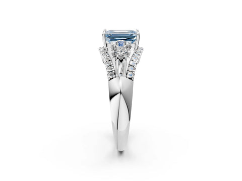 White gold Three-Stone Fancy Blue Emerald Cut Diamond Engagement Ring with Pave Band and Prong Setting_14
