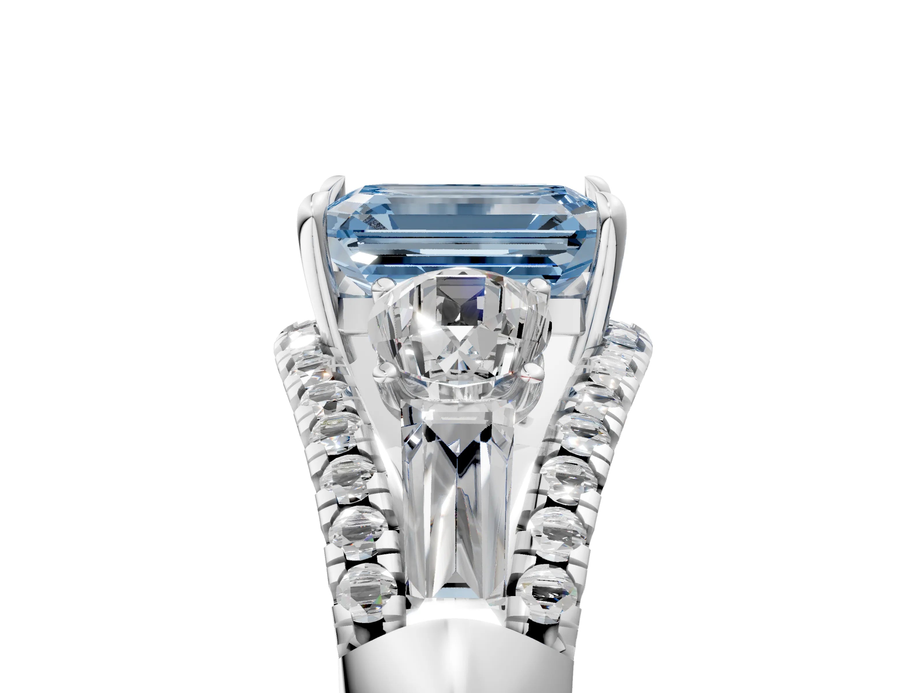 White gold Three-Stone Fancy Blue Emerald Cut Diamond Engagement Ring with Pave Band and Prong Setting_17