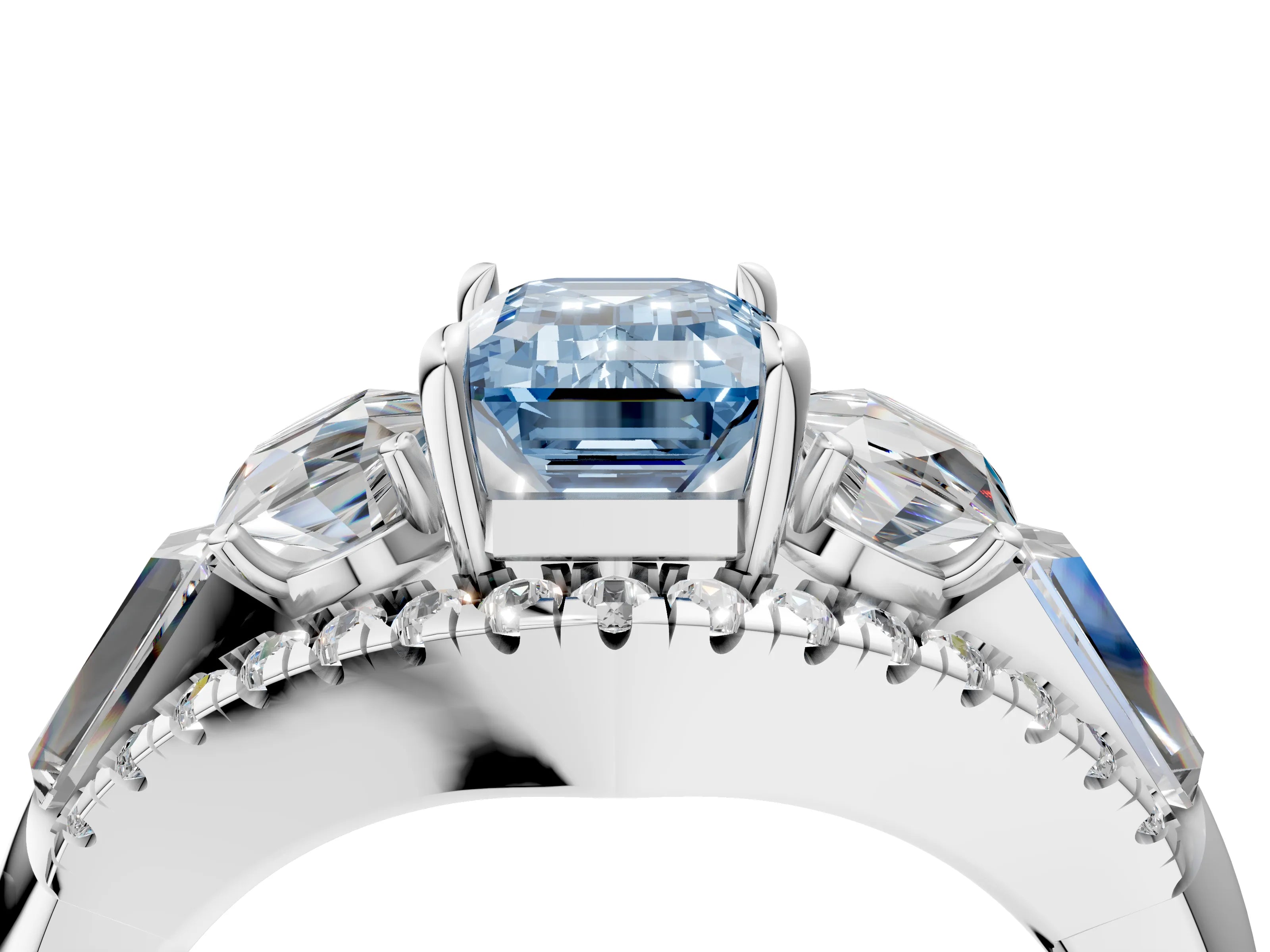 White gold Three-Stone Fancy Blue Emerald Cut Diamond Engagement Ring with Pave Band and Prong Setting_17