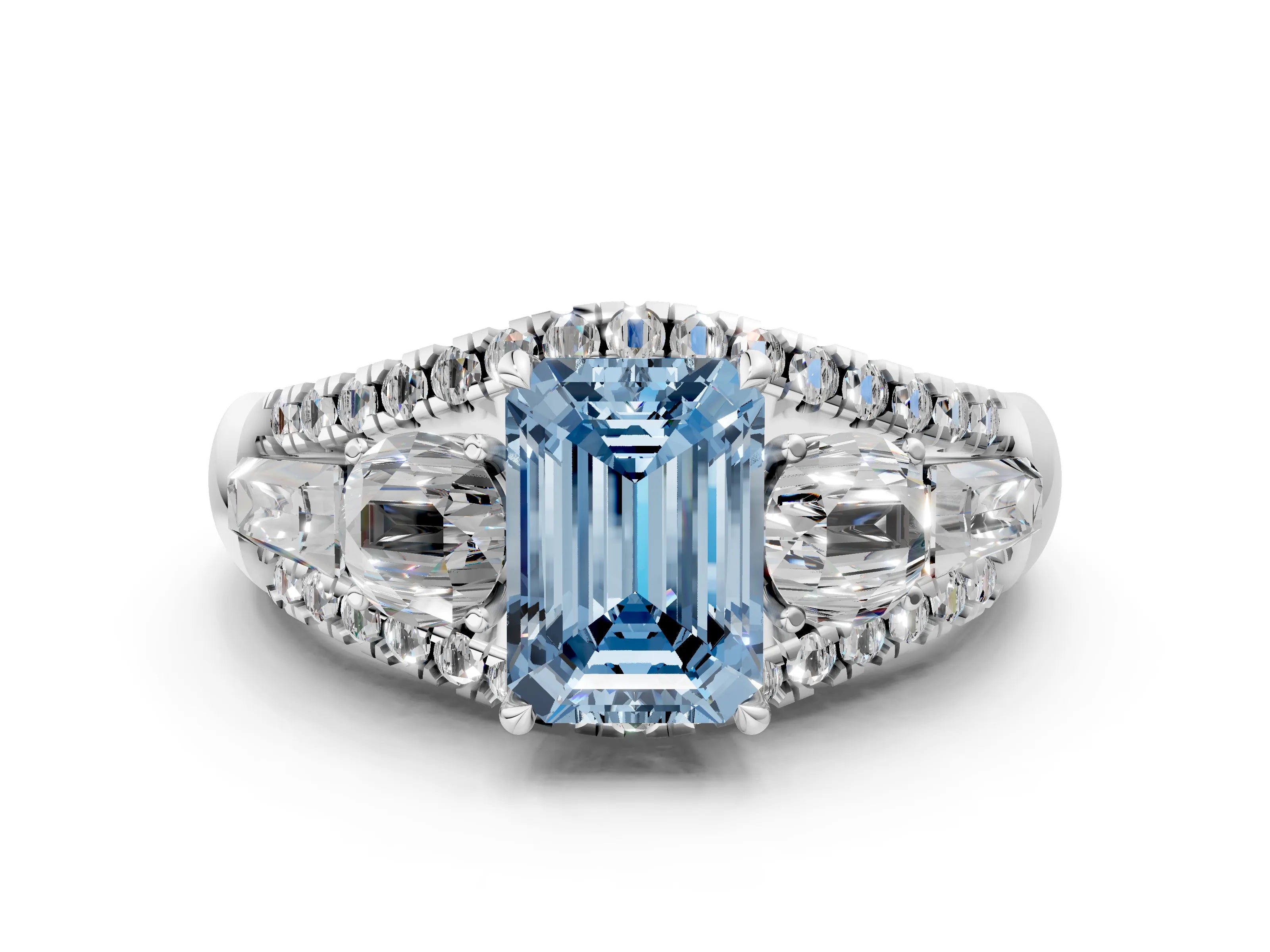 White gold Three-Stone Fancy Blue Emerald Cut Diamond Engagement Ring with Pave Band and Prong Setting_24