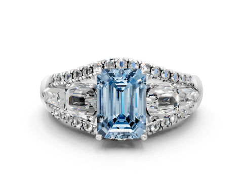 White gold Three-Stone Fancy Blue Emerald Cut Diamond Engagement Ring with Pave Band and Prong Setting_24