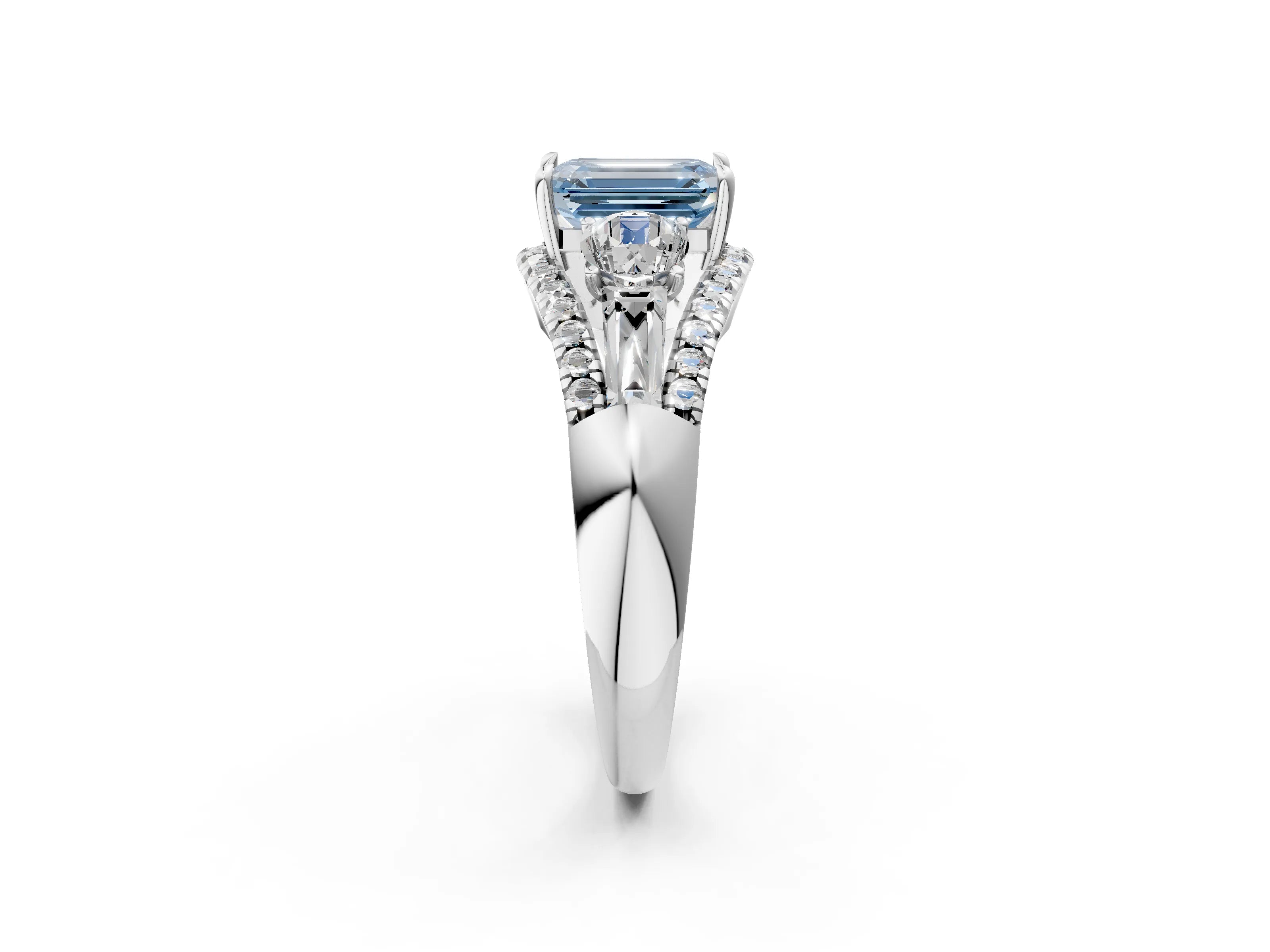 White gold Three-Stone Fancy Blue Emerald Cut Diamond Engagement Ring with Pave Band and Prong Setting_26
