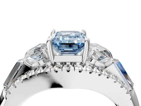 White gold Three-Stone Fancy Blue Emerald Cut Diamond Engagement Ring with Pave Band and Prong Setting_28