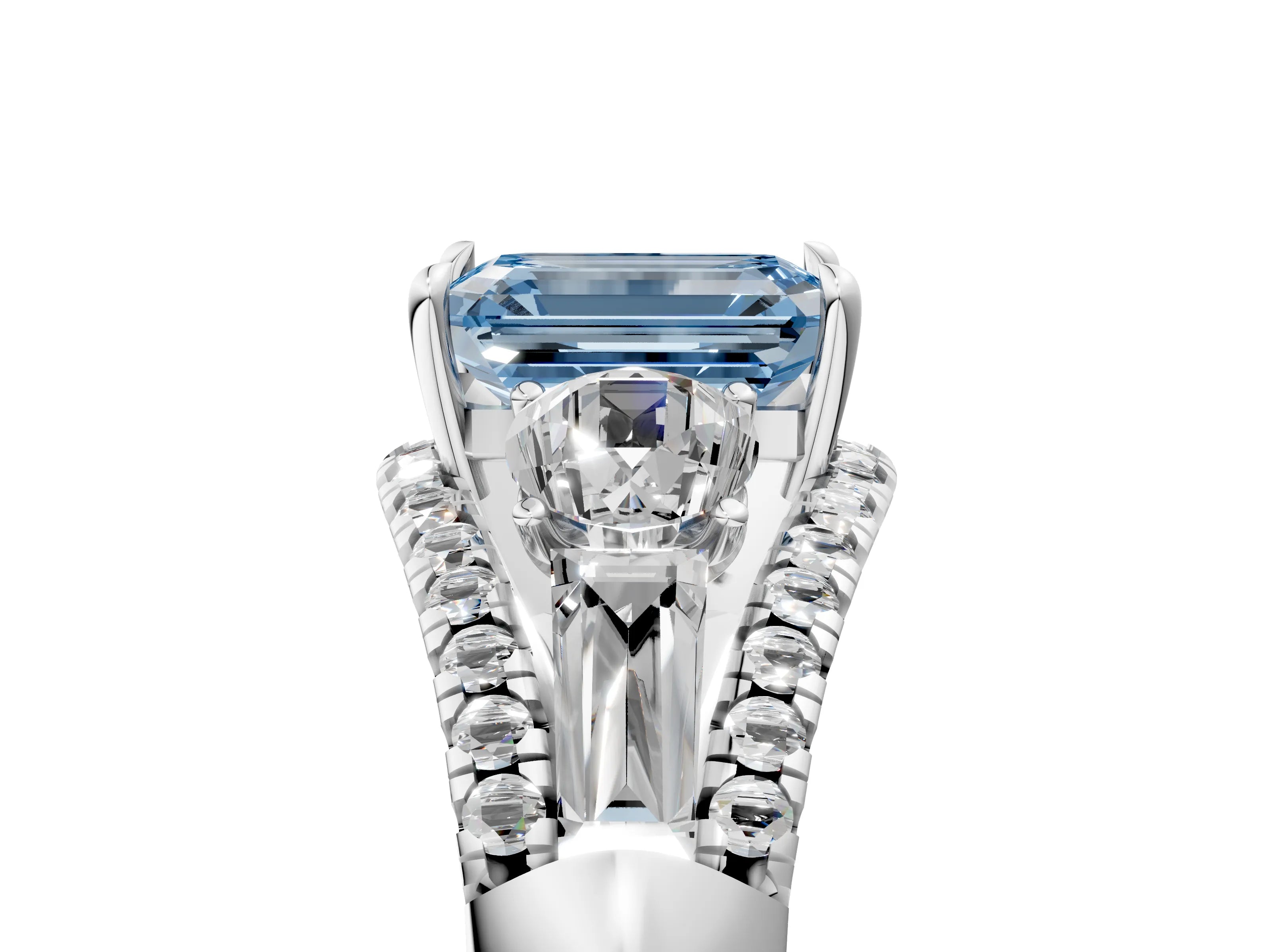 White gold Three-Stone Fancy Blue Emerald Cut Diamond Engagement Ring with Pave Band and Prong Setting_29