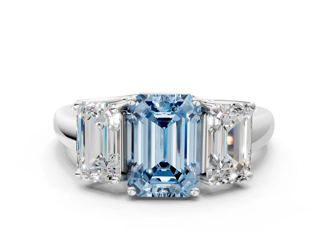 White gold Three-Stone Fancy Blue Emerald Cut Diamond Engagement Ring with Prong Setting_15