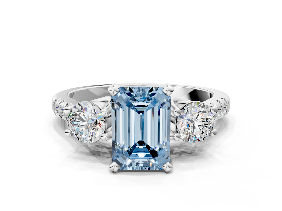 White gold Three-Stone Fancy Blue Emerald  Cut Diamond Pavé Band with Four-Prong Setting_28