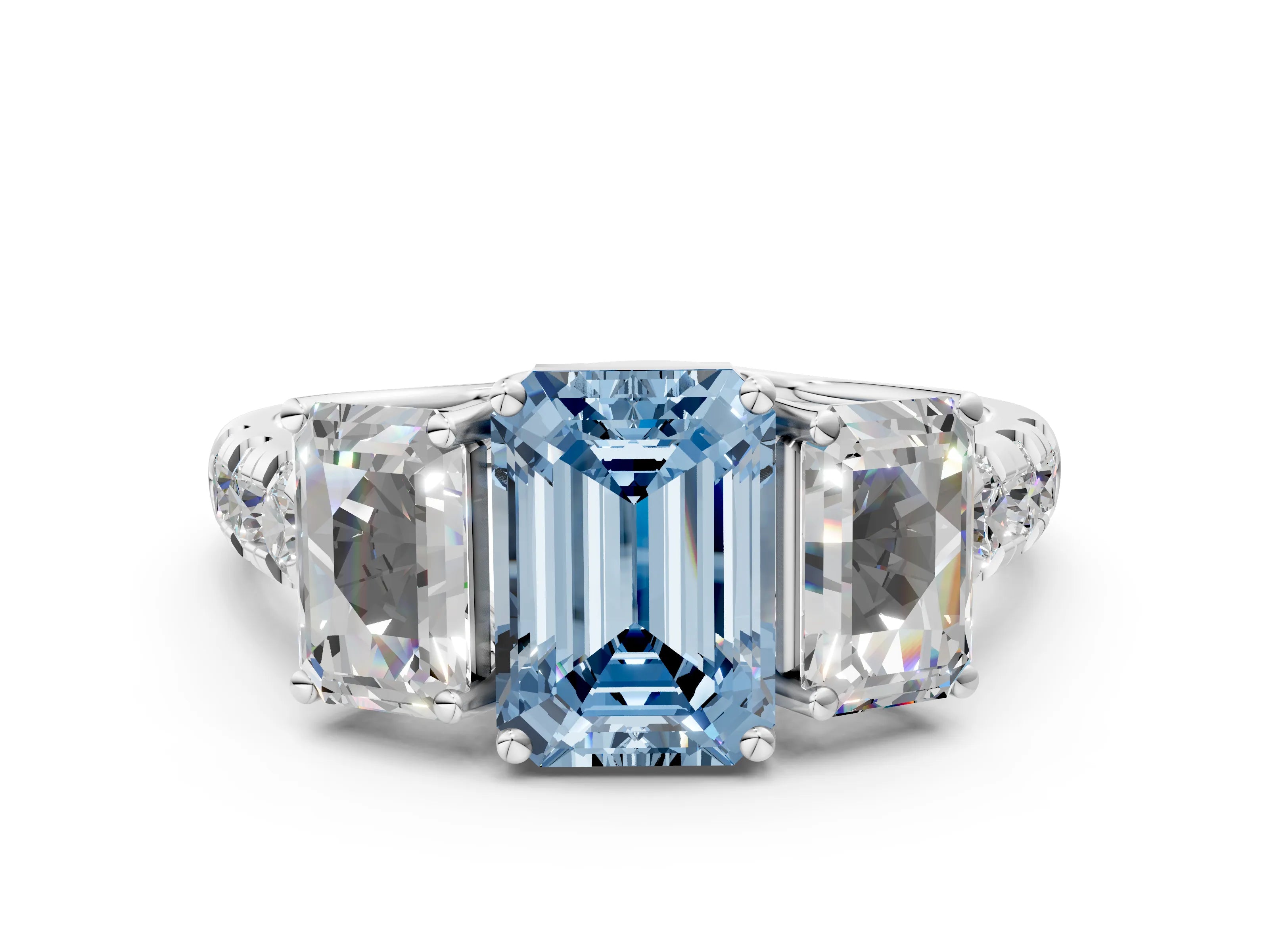 White gold Three-Stone Fancy Blue Emerald Cut Diamond Pavé Band with Prong Setting_12