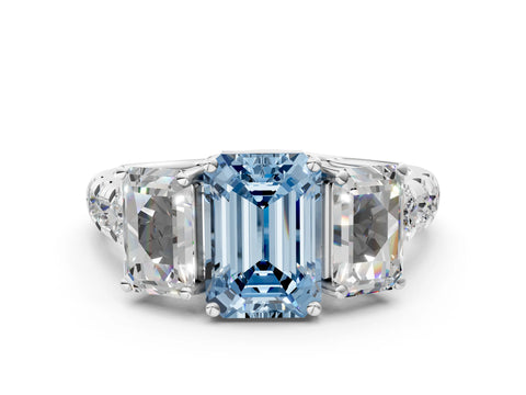 White gold Three-Stone Fancy Blue Emerald Cut Diamond Pavé Band with Prong Setting_12