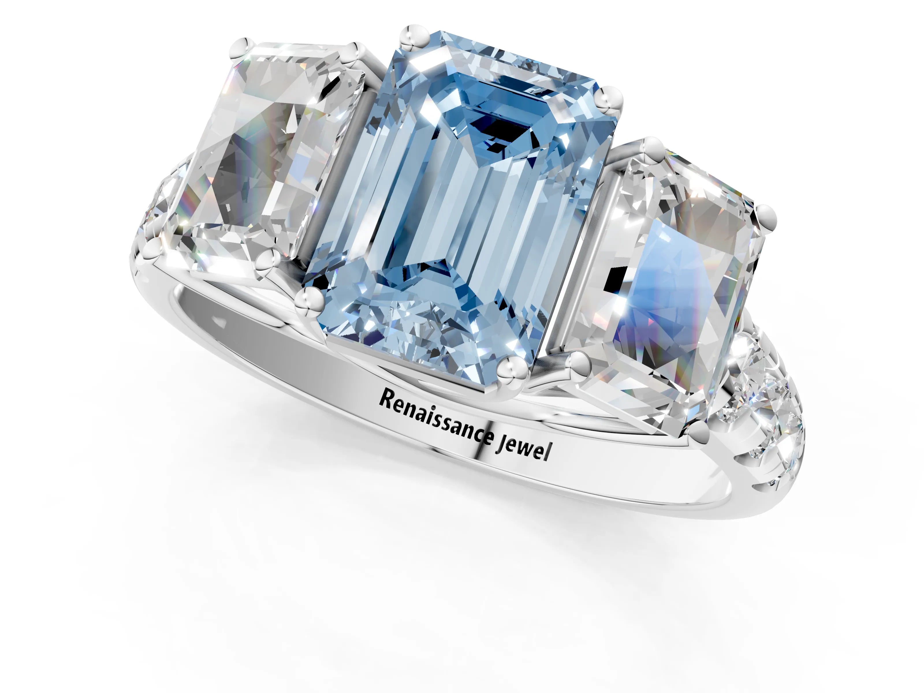 White gold Three-Stone Fancy Blue Emerald Cut Diamond Pavé Band with Prong Setting_13