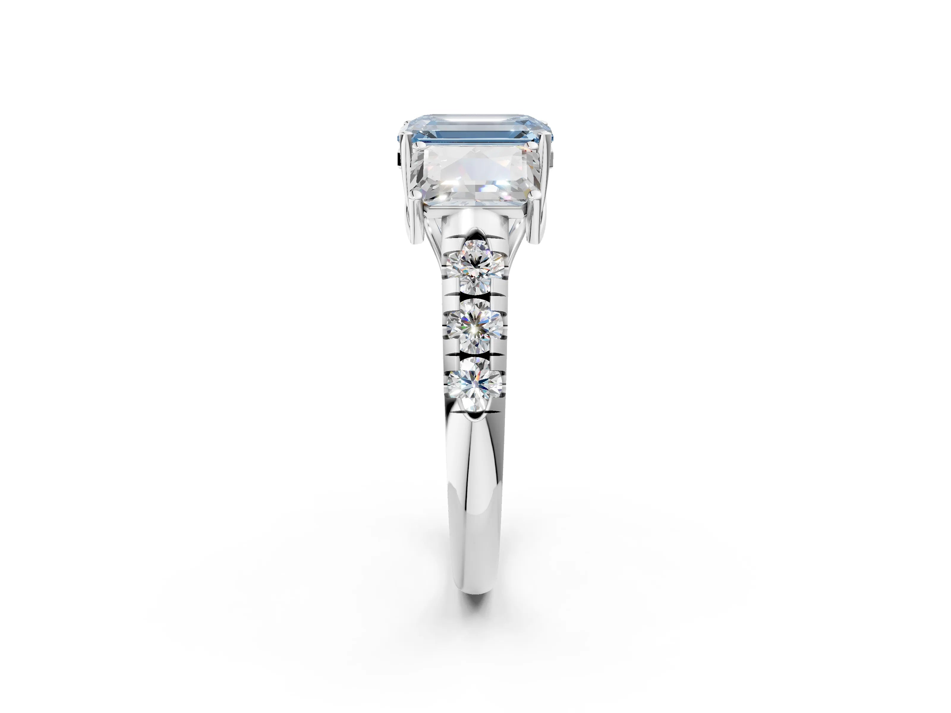White gold Three-Stone Fancy Blue Emerald Cut Diamond Pavé Band with Prong Setting_14