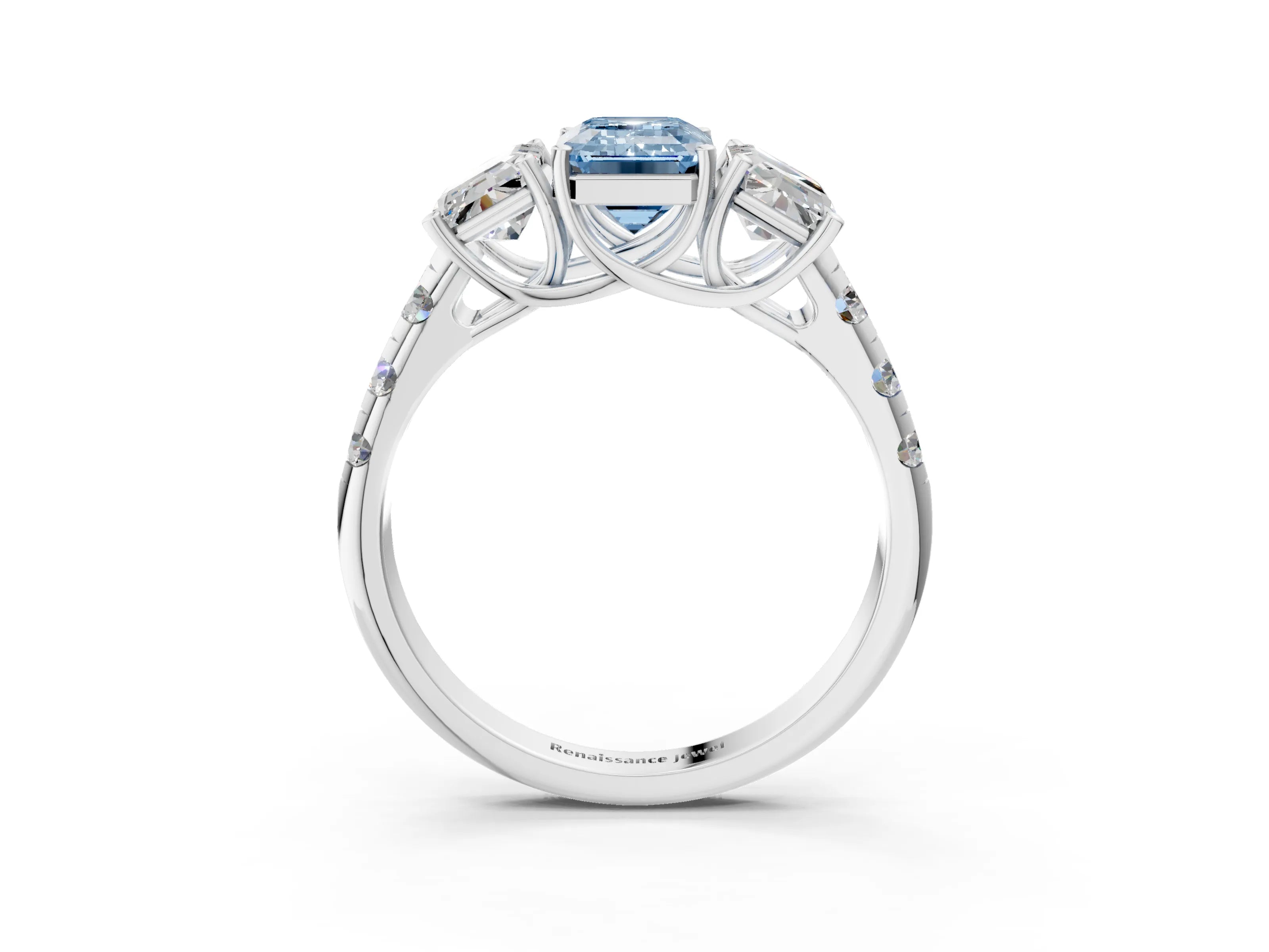 White gold Three-Stone Fancy Blue Emerald Cut Diamond Pavé Band with Prong Setting_15