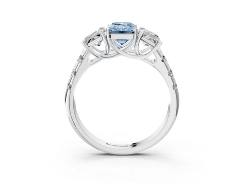 White gold Three-Stone Fancy Blue Emerald Cut Diamond Pavé Band with Prong Setting_15