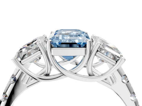 White gold Three-Stone Fancy Blue Emerald Cut Diamond Pavé Band with Prong Setting_16