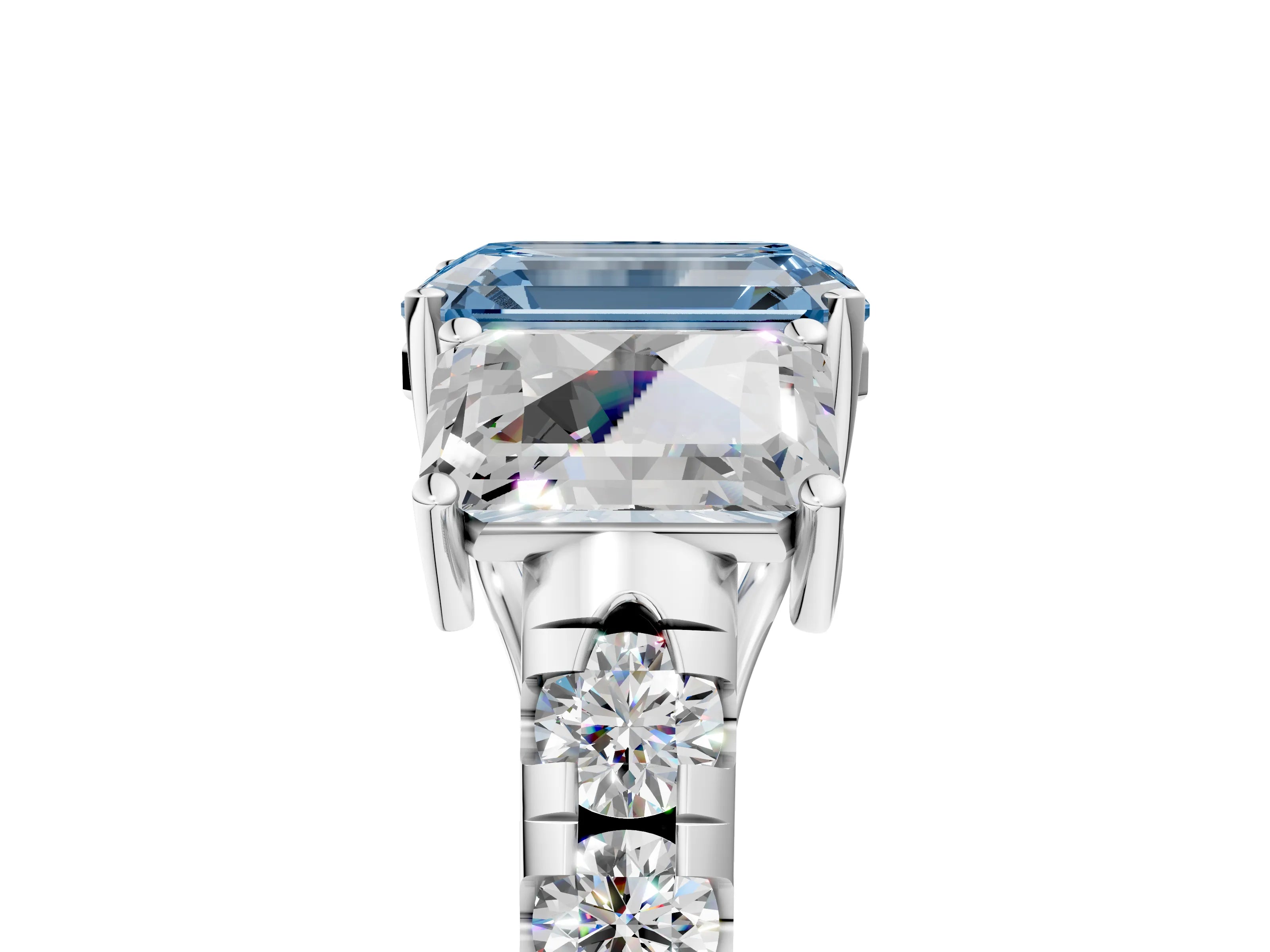 White gold Three-Stone Fancy Blue Emerald Cut Diamond Pavé Band with Prong Setting_17