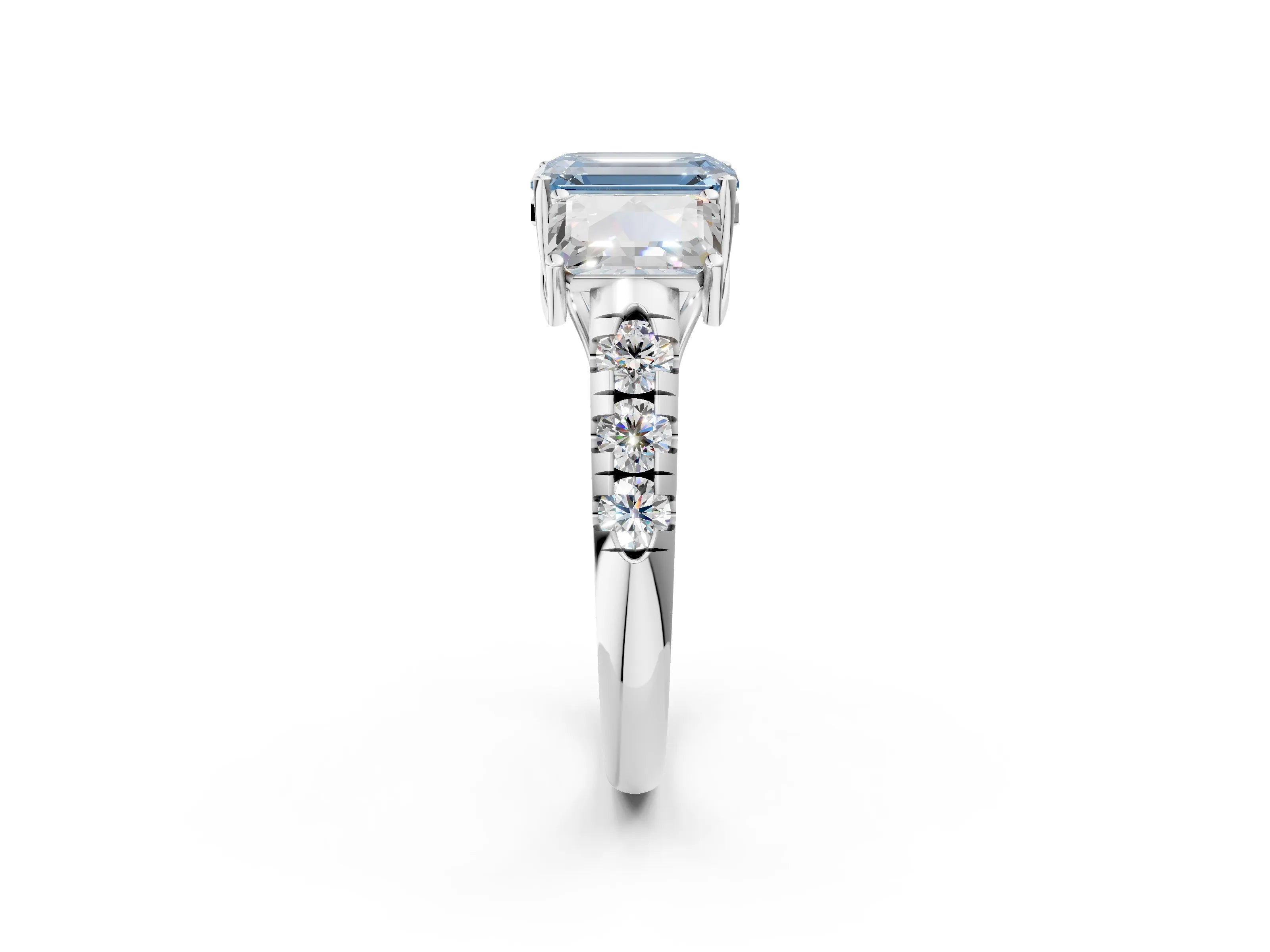 White gold Three-Stone Fancy Blue Emerald Cut Diamond Pavé Band with Prong Setting_2