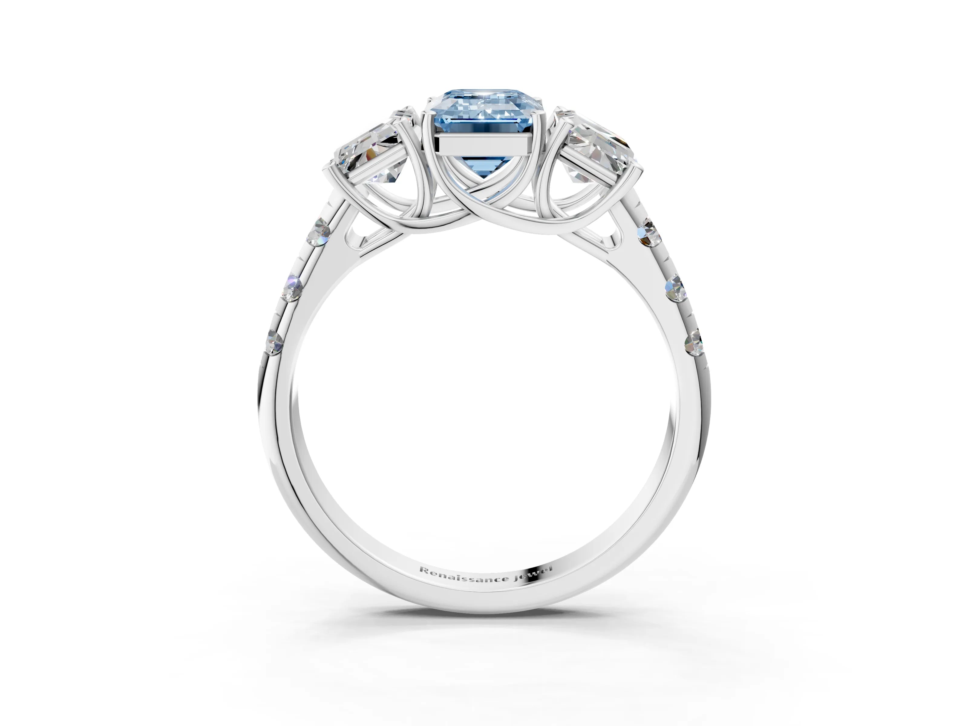 White gold Three-Stone Fancy Blue Emerald Cut Diamond Pavé Band with Prong Setting_3