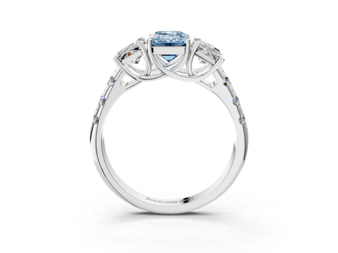 White gold Three-Stone Fancy Blue Emerald Cut Diamond Pavé Band with Prong Setting_3