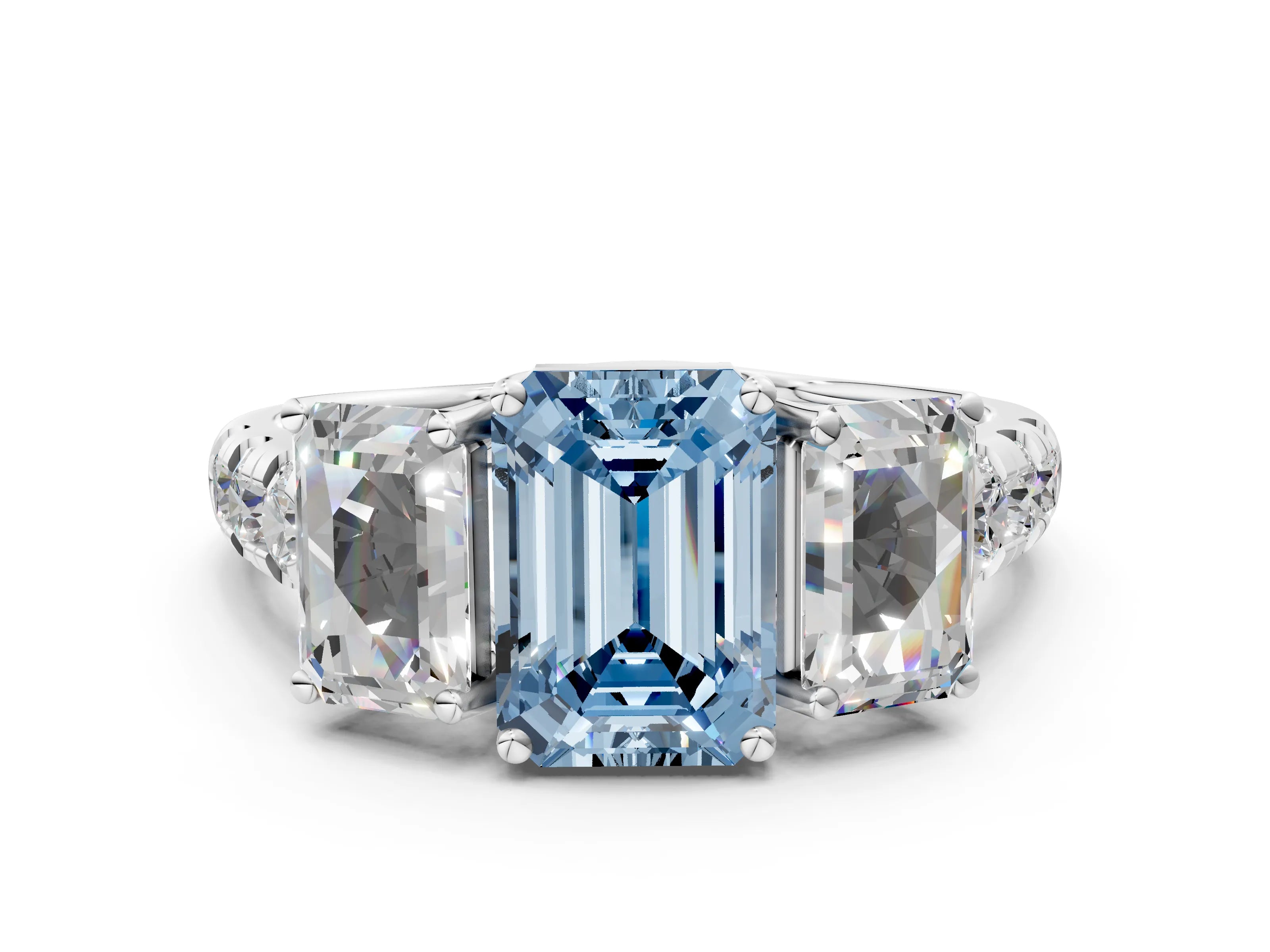 White gold Three-Stone Fancy Blue Emerald Cut Diamond Pavé Band with Prong Setting