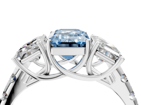 White gold Three-Stone Fancy Blue Emerald Cut Diamond Pavé Band with Prong Setting_4