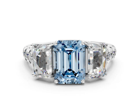 White gold Three-Stone Fancy Blue Emerald Cut Diamond Pavé Band with Prong Setting