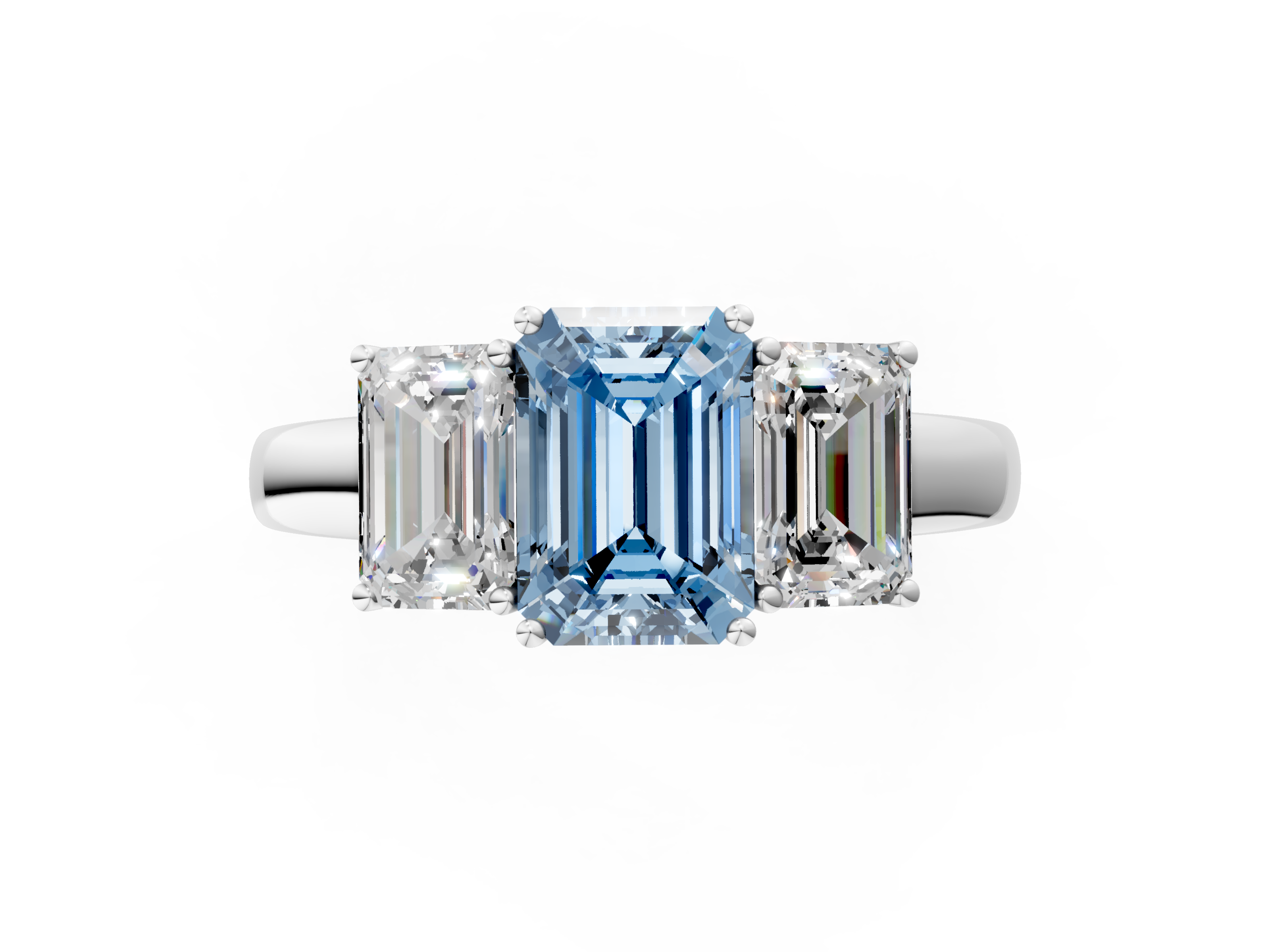 White gold Three-Stone Fancy Blue Emerald  Cut Diamond Ring with Channel-Set Band and Four-Prong Setting_32