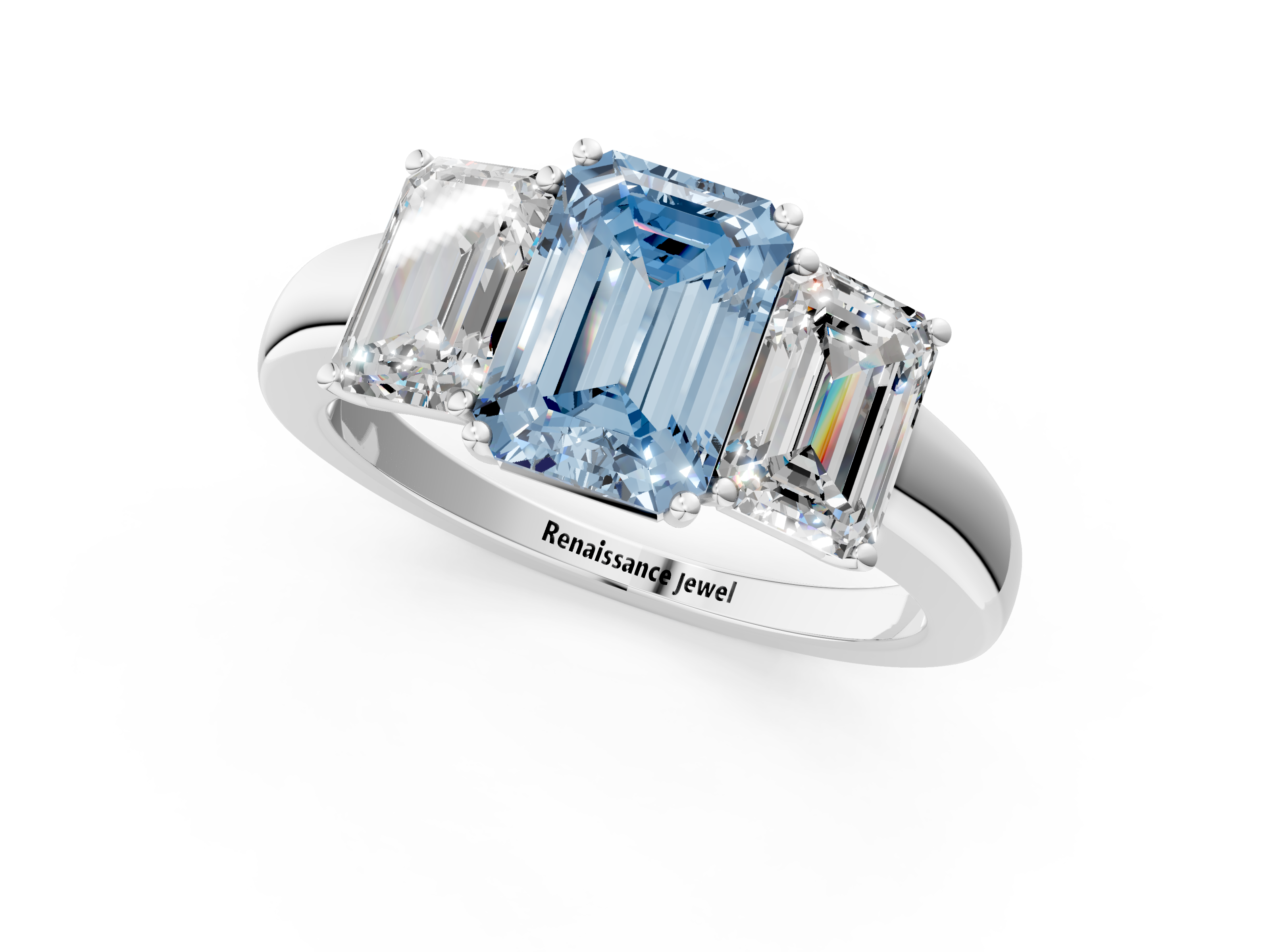 White gold Three-Stone Fancy Blue Emerald  Cut Diamond Ring with Channel-Set Band and Four-Prong Setting_33
