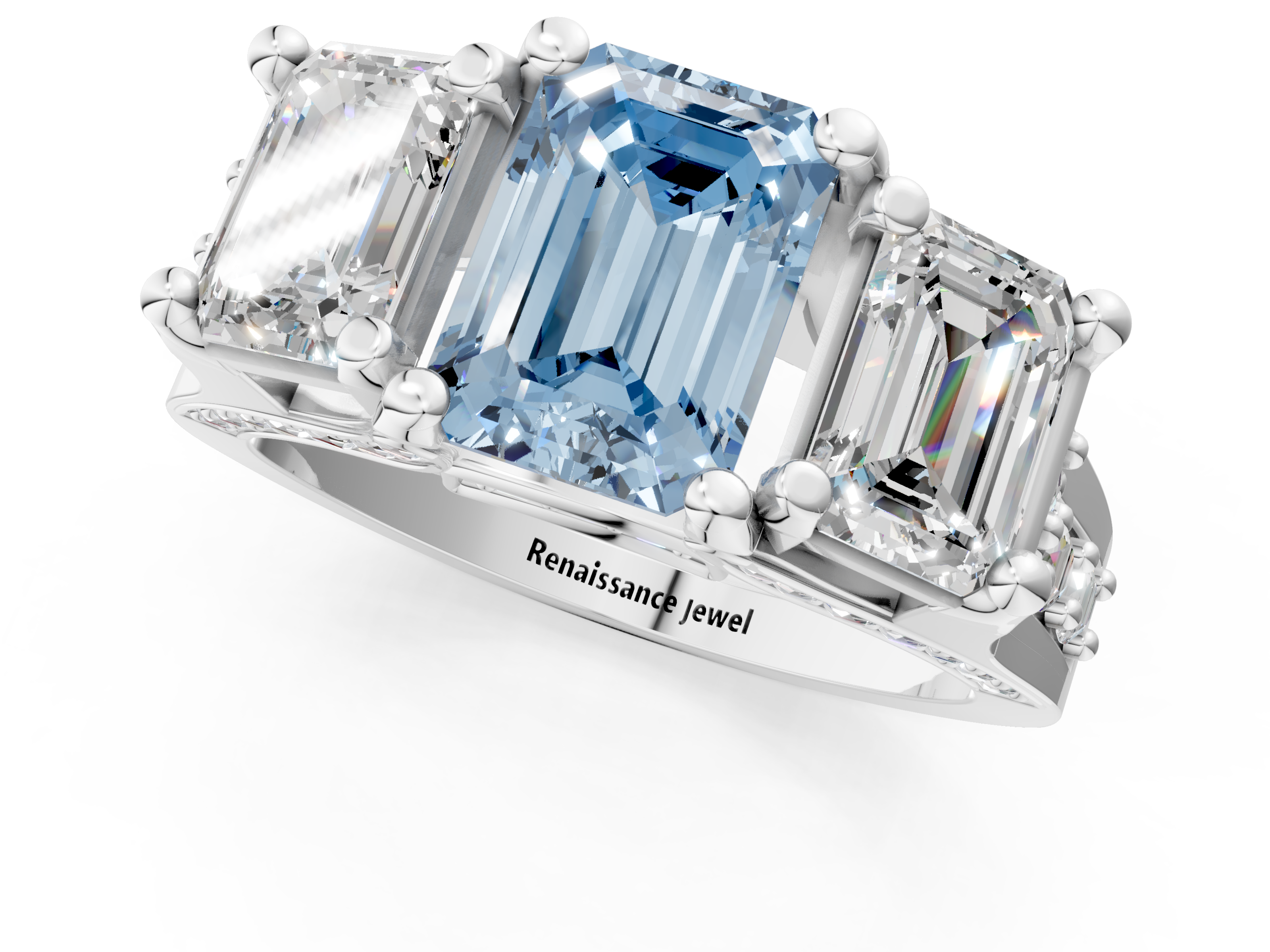 White gold Three-Stone Fancy Blue Emerald  Cut Diamond Ring with Channel-Set Band and Four-Prong Setting_53