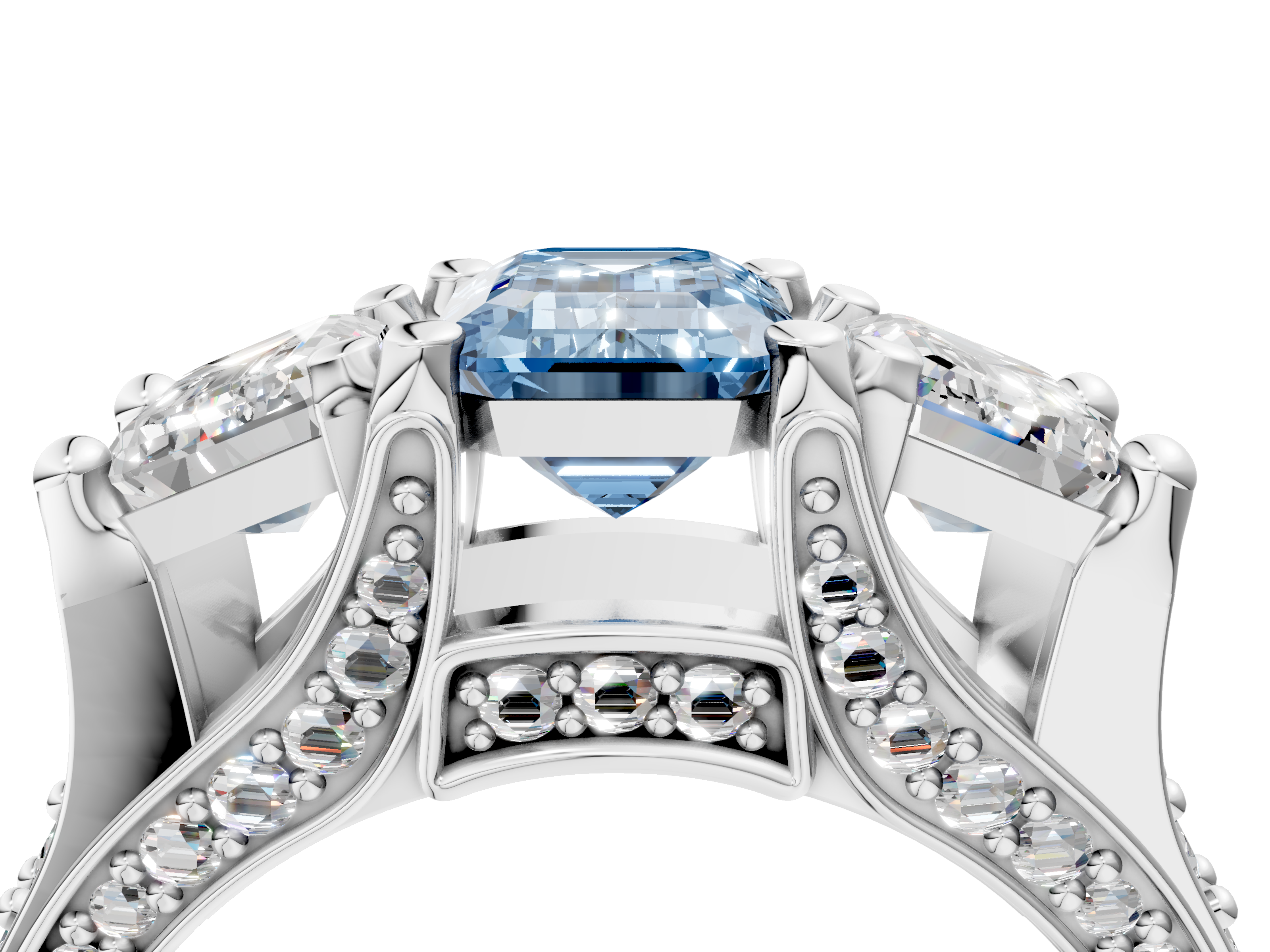White gold Three-Stone Fancy Blue Emerald  Cut Diamond Ring with Channel-Set Band and Four-Prong Setting_56