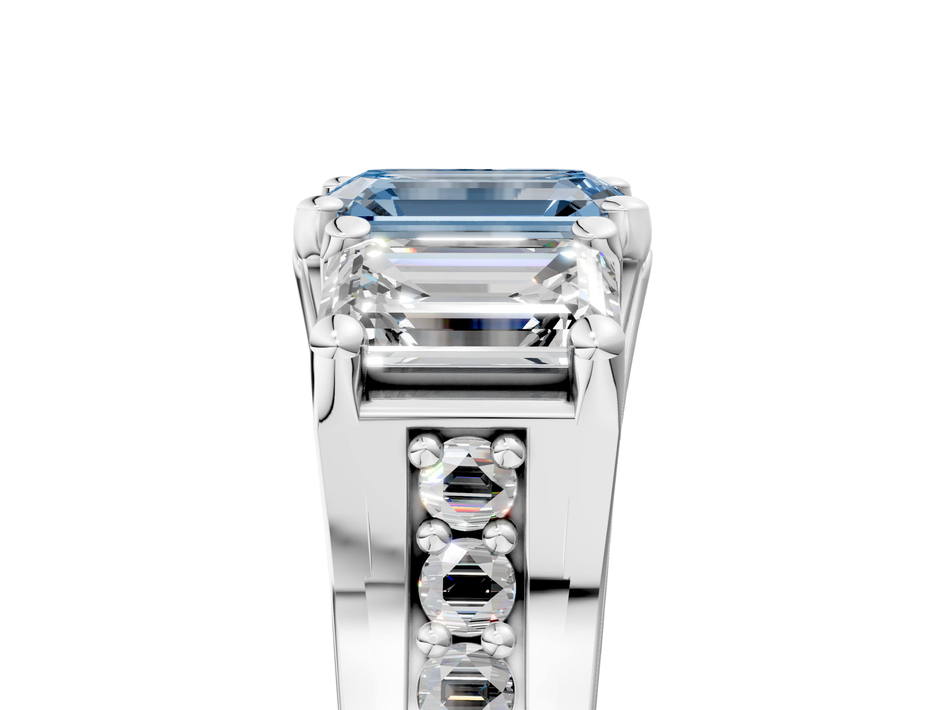 White gold Three-Stone Fancy Blue Emerald  Cut Diamond Ring with Channel-Set Band and Four-Prong Setting_57